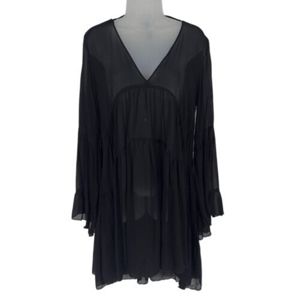 YFB - Young Fabulous & Broke Black Sheer Tiered V-Neck Tunic Dress, size L